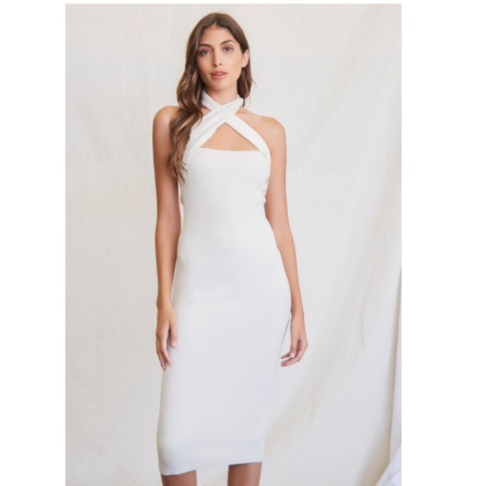 Knit Crisscross Midi Cream Dress